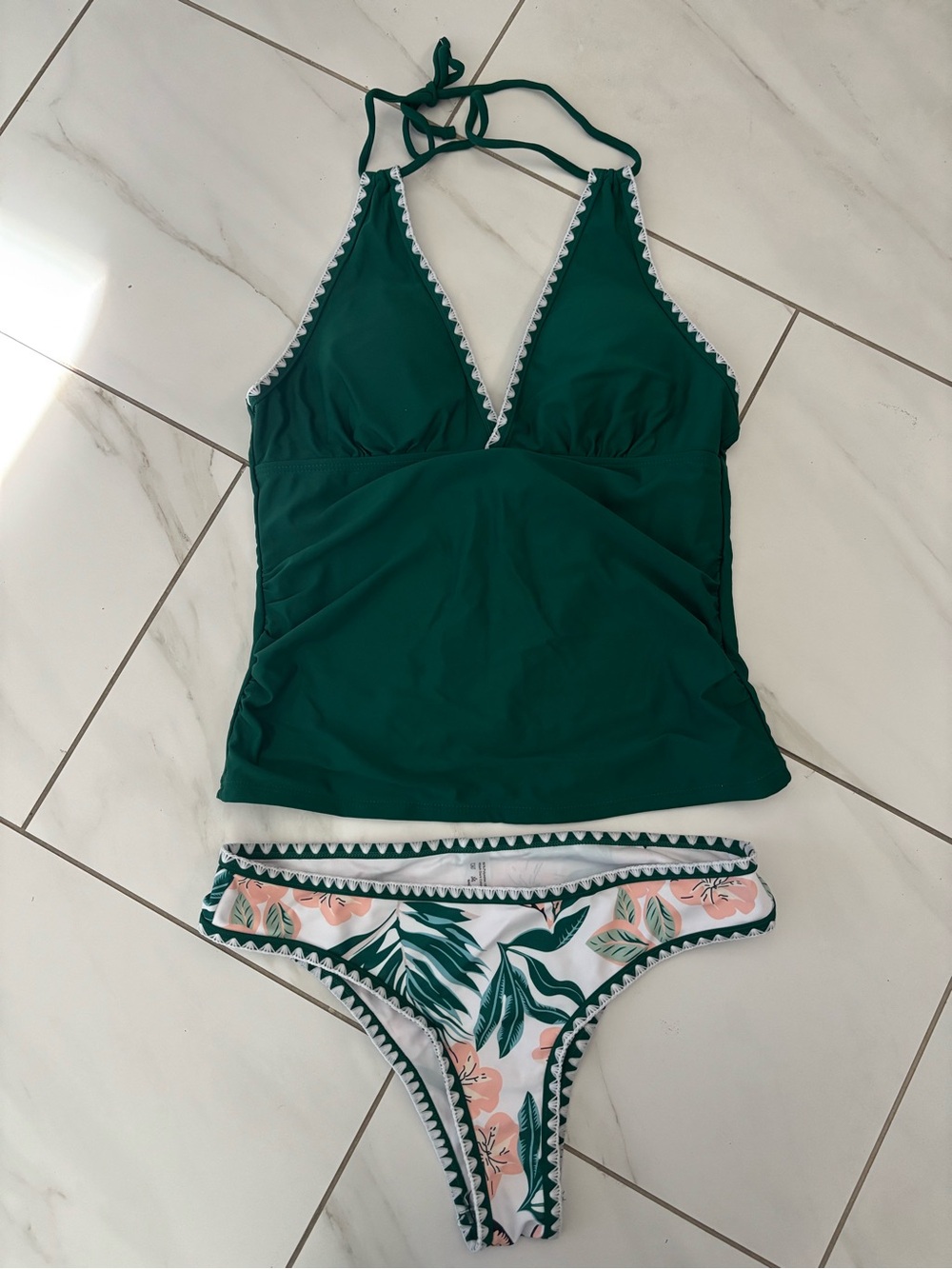 Green Halter Tankini with Tropical Print Bikini Bottoms
